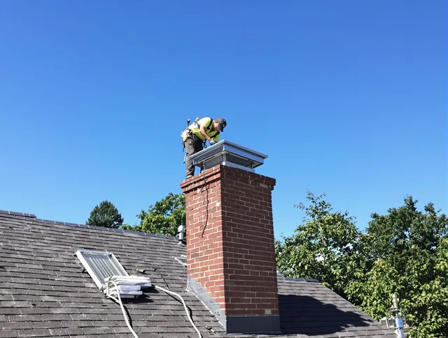 Kent Chimney Sweep technician measuring a chimney cap in Kent, OH