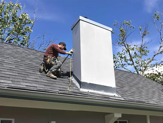 Kent Chimney Sweep team member finishing chimney construction in Kent, OH