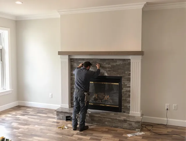 Kent Chimney Sweep finishing a custom fireplace install in Kent, OH